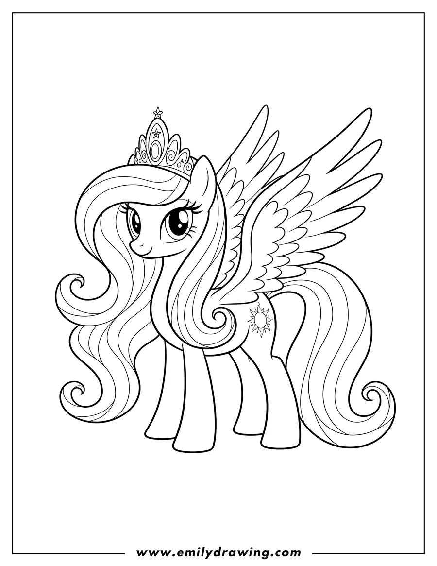 Printable line art of detailed Princess Celestia, with flowing mane and tail, wings, and a crown