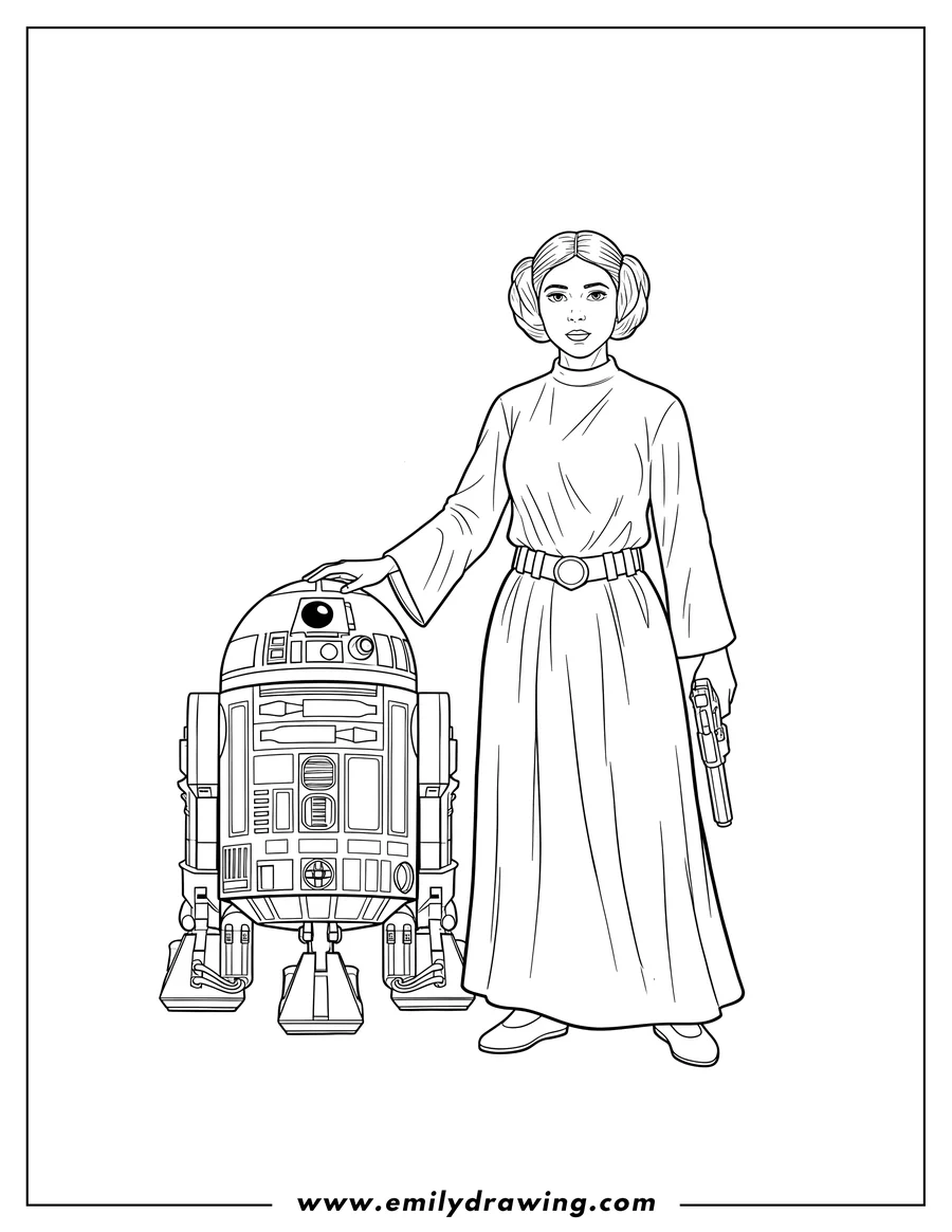 Downloadable coloring page of princess Leia standing, holding a blaster, with her hand on R2-D2's head
