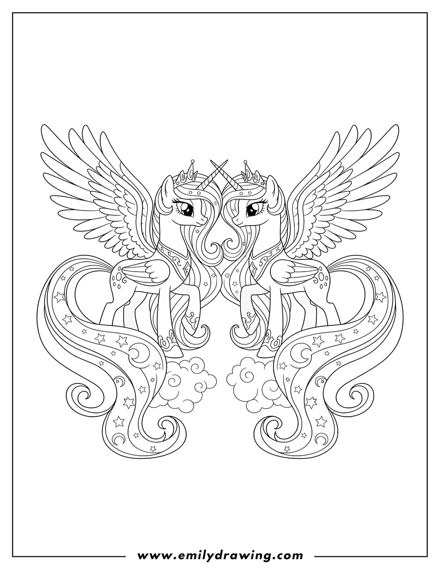 Doodle style coloring picture of detailed Princess Luna and Princess Celestia touching horns with long flowing manes