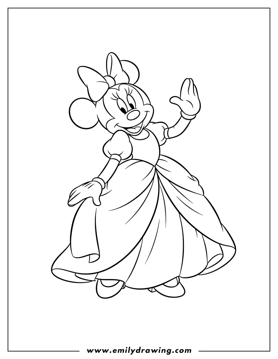 Linear illustration of princess Minnie Mouse smiling and waving, wearing a layered gown and crown, To Color Scaled