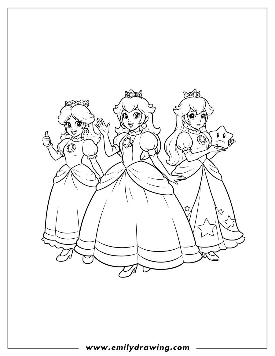 Coloring page of princess Peach, Princess Daisy, and Princess Rosalina smiling and posing