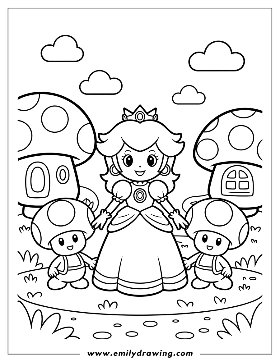 Black and white line art of princess Peach