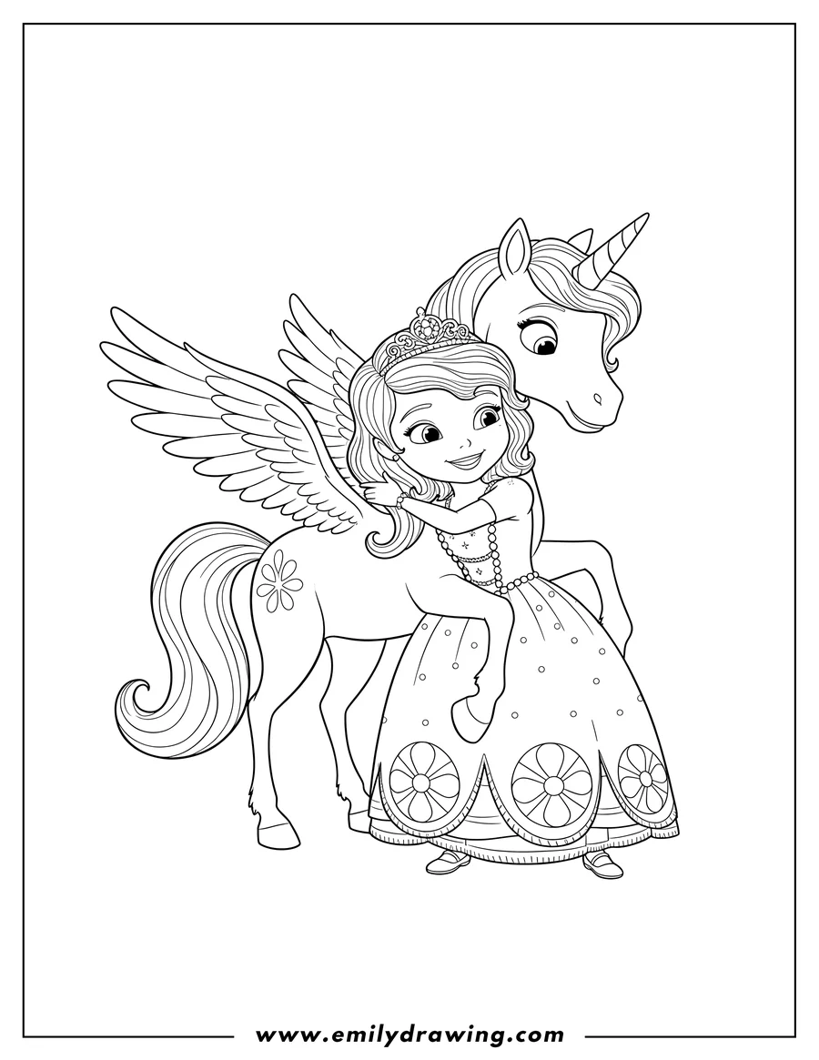 Full page coloring image of princess Sofia hugging Skye Unicorn
