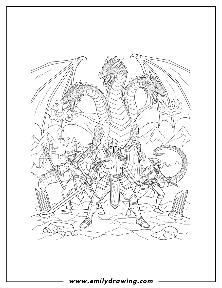 Free to print drawing of dungeons And Dragons Gaming Poster of adventurers battling a multi-headed dragon