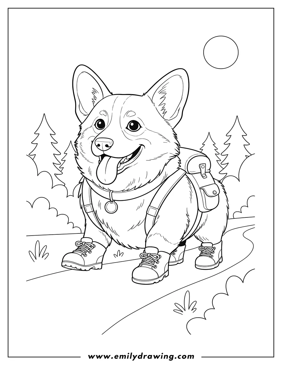 High quality printable adventurous Corgi with tongue out and backpack, hiking in a forest for coloring