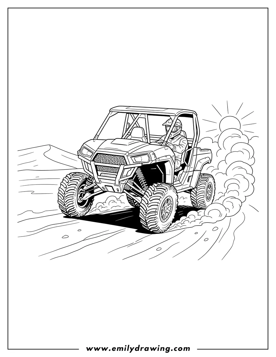 Coloring page of aggressive UTV kicking up dust and lifting a front wheel, with a helmeted driver, drifting on sandy trails