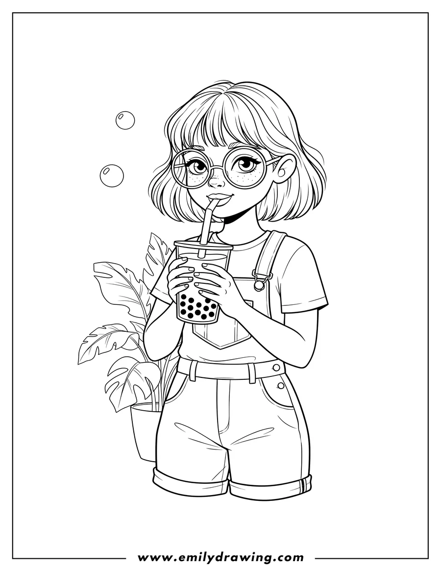Clean line drawing: beautiful Girl with short wavy hair and bangs in overalls drinking boba tea, holding the cup