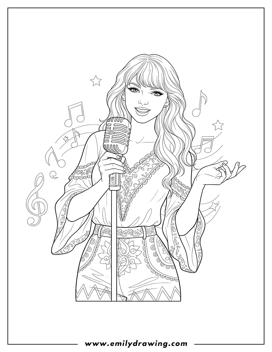 Doodle style coloring picture of beautiful Taylor Swift with bangs and wavy hair, holding a vintage microphone