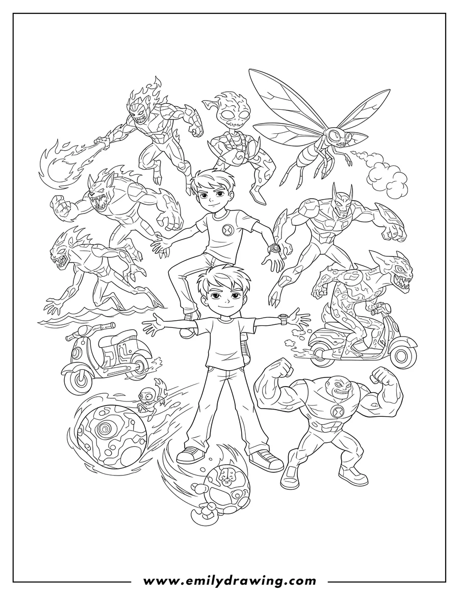 Printable line art of ben Ten With All Alien Transformations, featuring a smiling Ben in the center, an older Ben, and all his alien forms in dynamic action poses