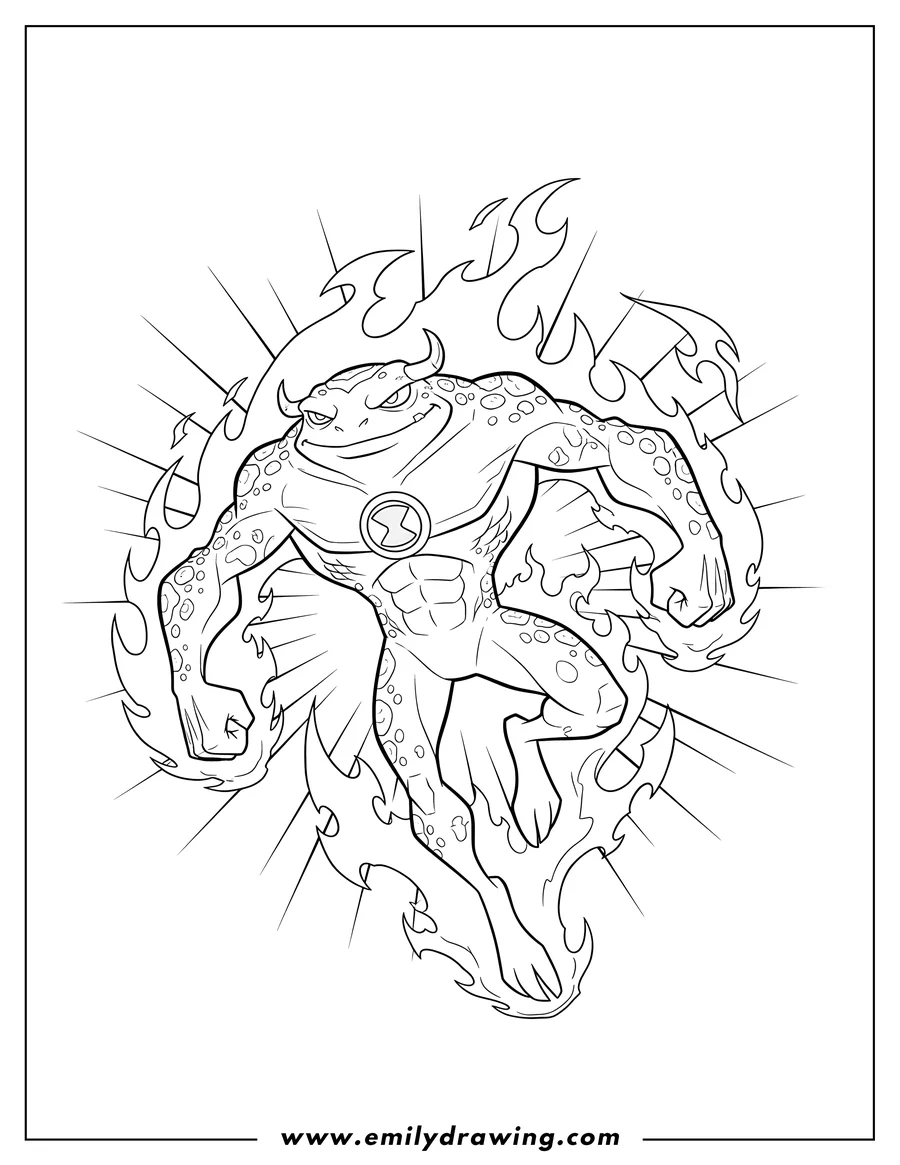 Coloring sheet featuring bullfrag Smirking Battle, leaping with Omnitrix, surrounded by flames