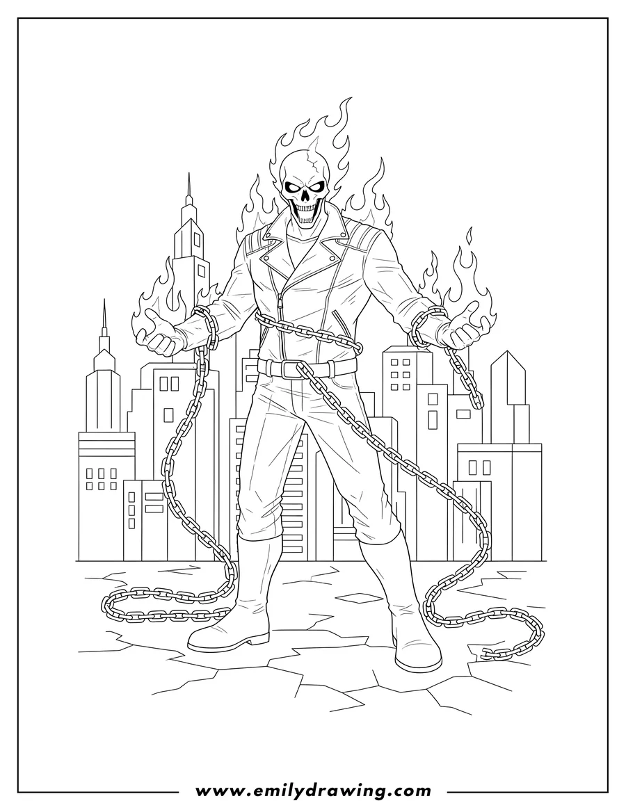 Free to print drawing of burning Ghost Rider standing with chains in a city