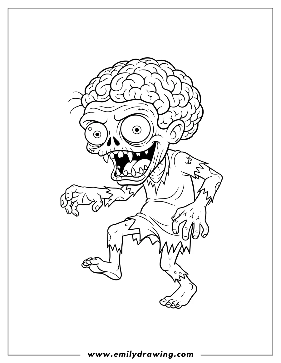 Doodle style coloring picture of cartoon Zombie With Big Brain Scaled, shuffling forward with teeth showing