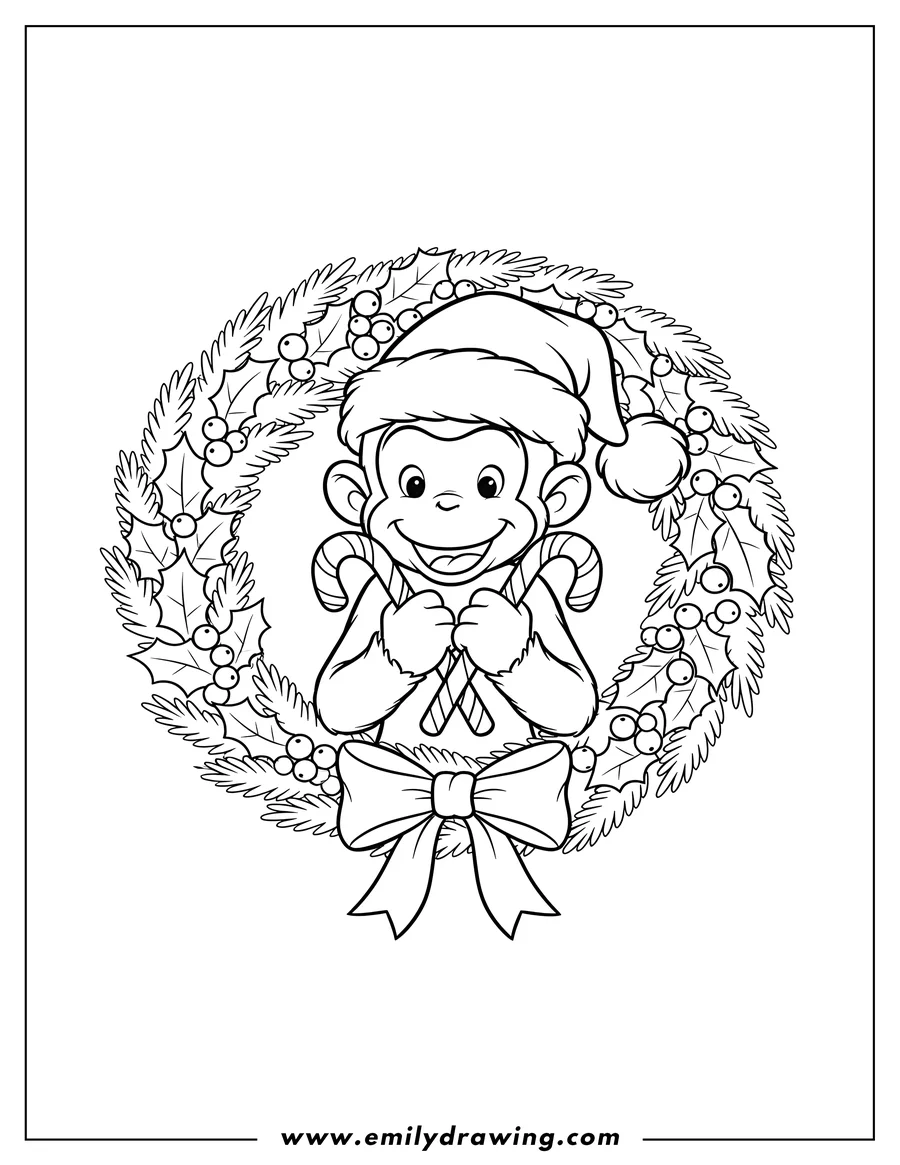 Coloring page of christmas Themed Curious George To Color, wearing a Santa hat, inside a wreath, holding candy canes