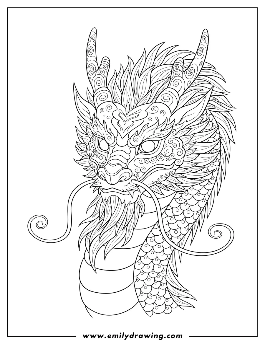 Coloring page for kids: close Up Majestic Asian Dragon with intricate scales and flowing mane