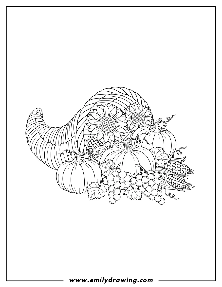 Coloring page for kids: cornucopia Filled With Pumpkins, Sunflowers, Grapes, and Corn Cobs