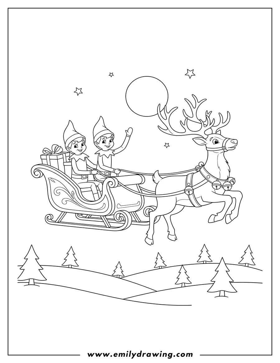 Black and white line art of two Elf on the Shelf friends riding in a sleigh pulled by a reindeer
