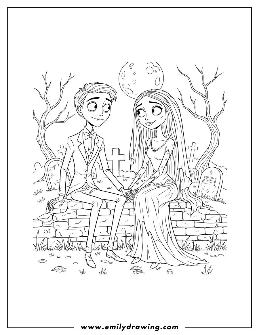 PDF style coloring page: corpse Bride Emily and Victor holding hands, with Victor sitting on a wall at a cemetery