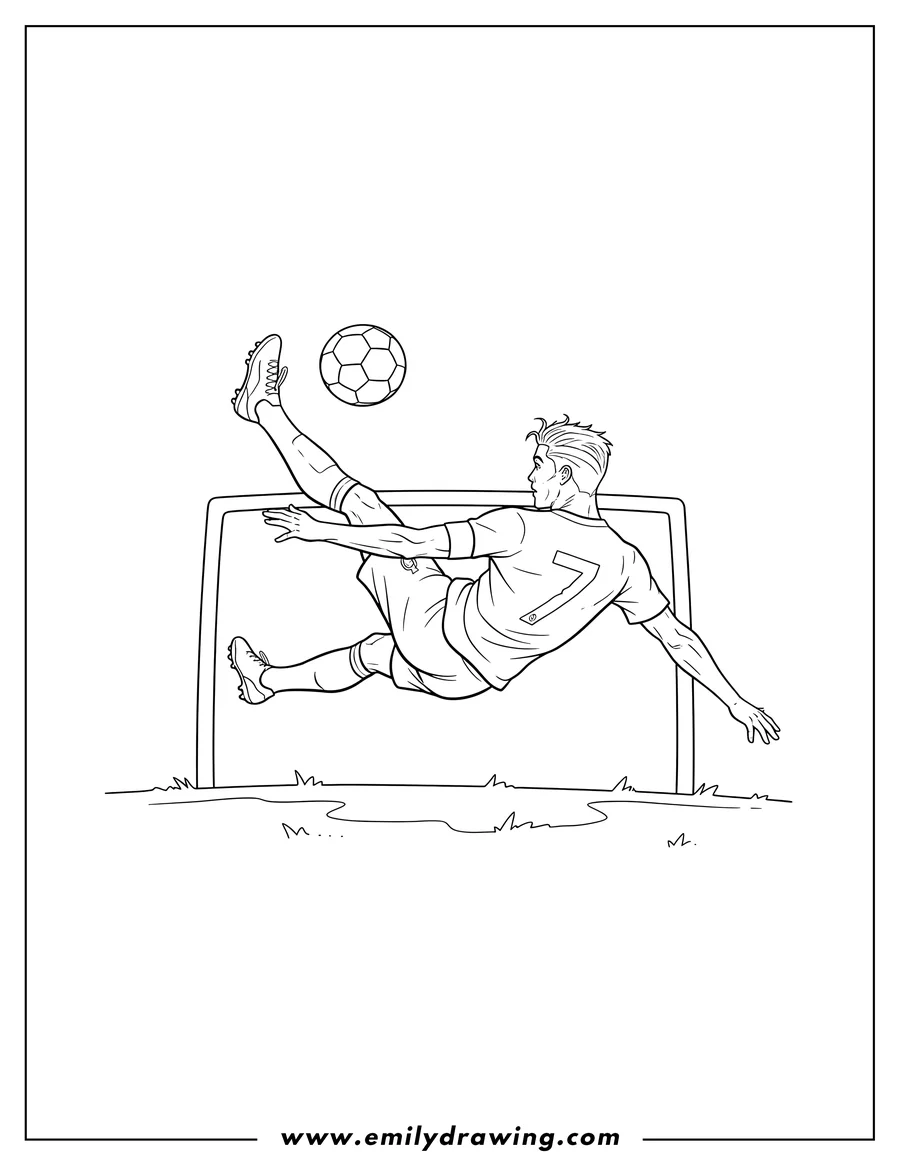 Printable coloring page of ronaldo Bicycle Kick, horizontally mid-air with the soccer ball above his extended foot