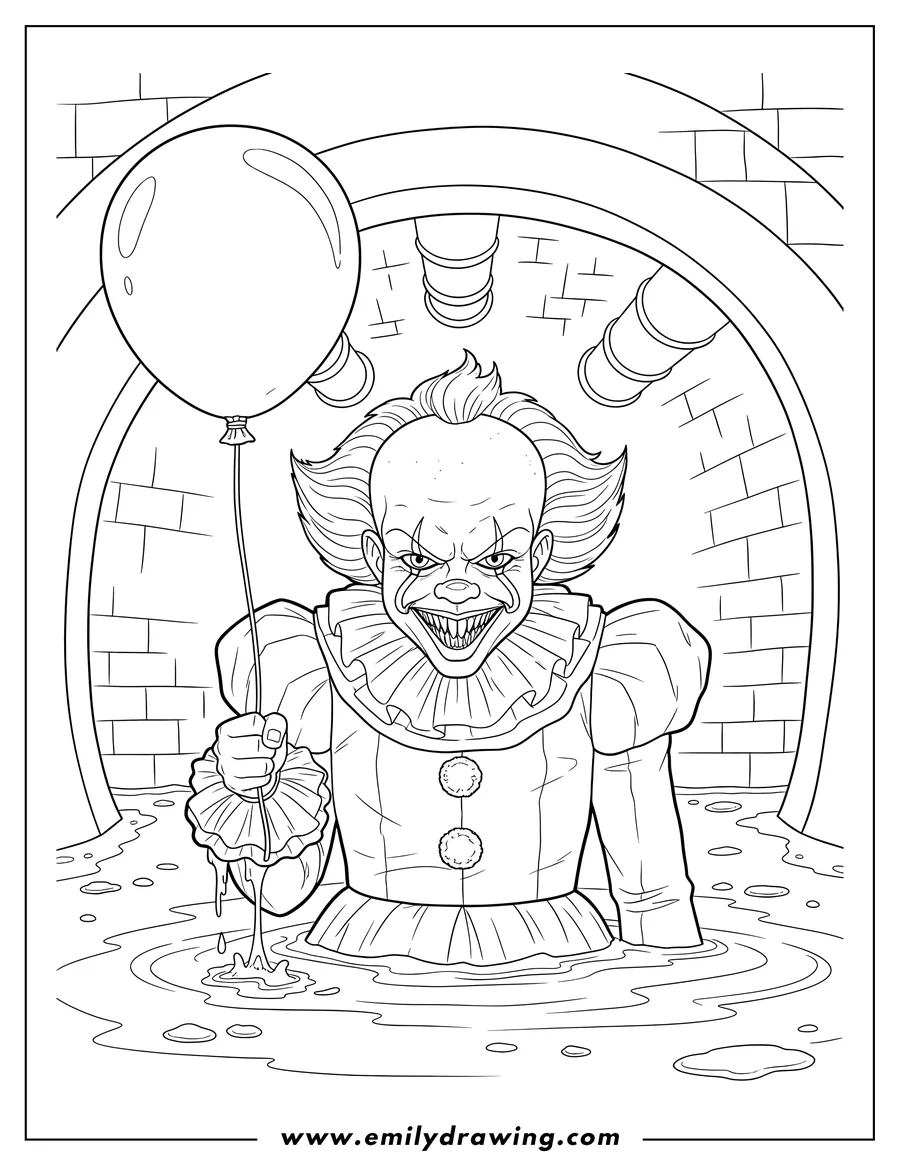 High quality printable evil Pennywise grinning, partially submerged in water, holding a dripping balloon in sewers for coloring