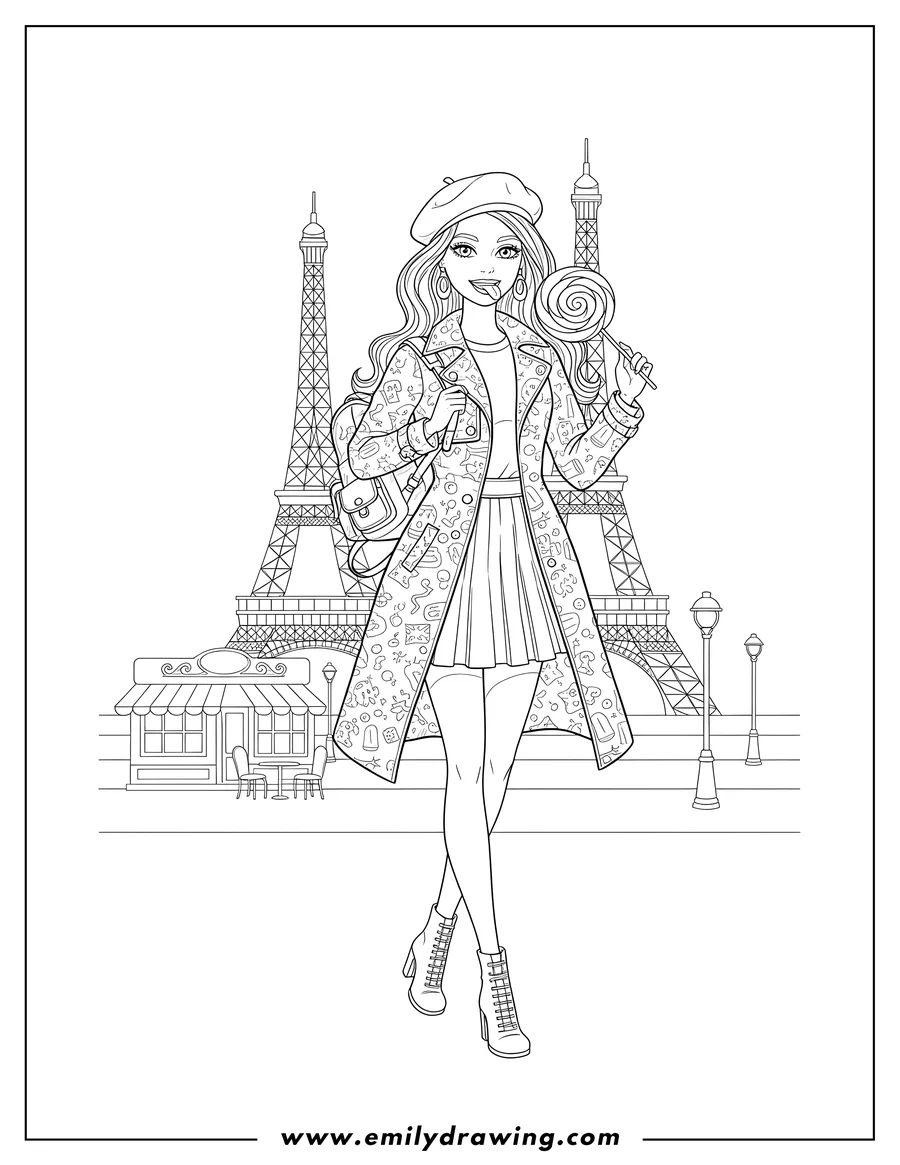 PDF style coloring page: fashionable Barbie walking in Paris, holding a backpack and licking a lollipop