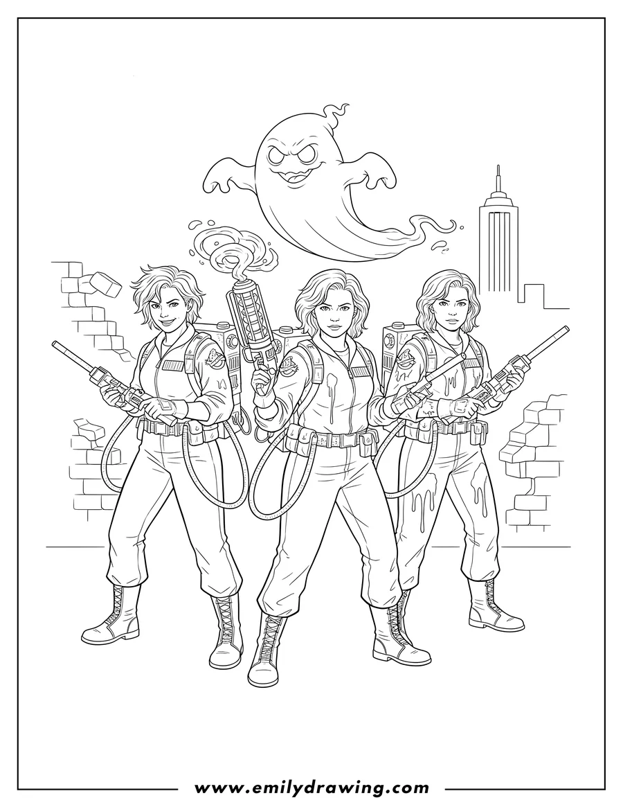 Free to print drawing of female Ghostbusters Yates, Gilbert (slimed), Holtzmann, and Tolan, holding proton pack weapons, with a ghost