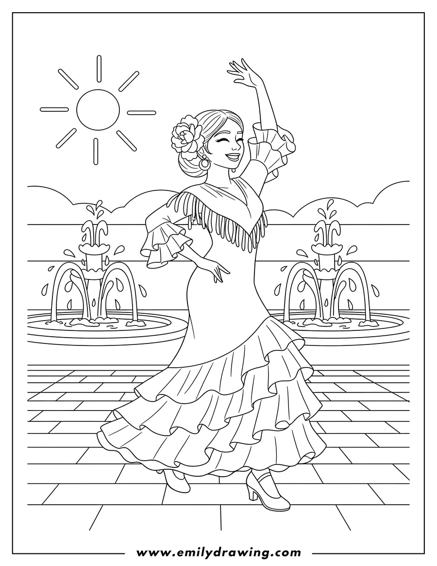 Coloring page of flamenco Dancer with a flower in her hair and one arm raised, dancing in a Sunny Plaza With Fountains