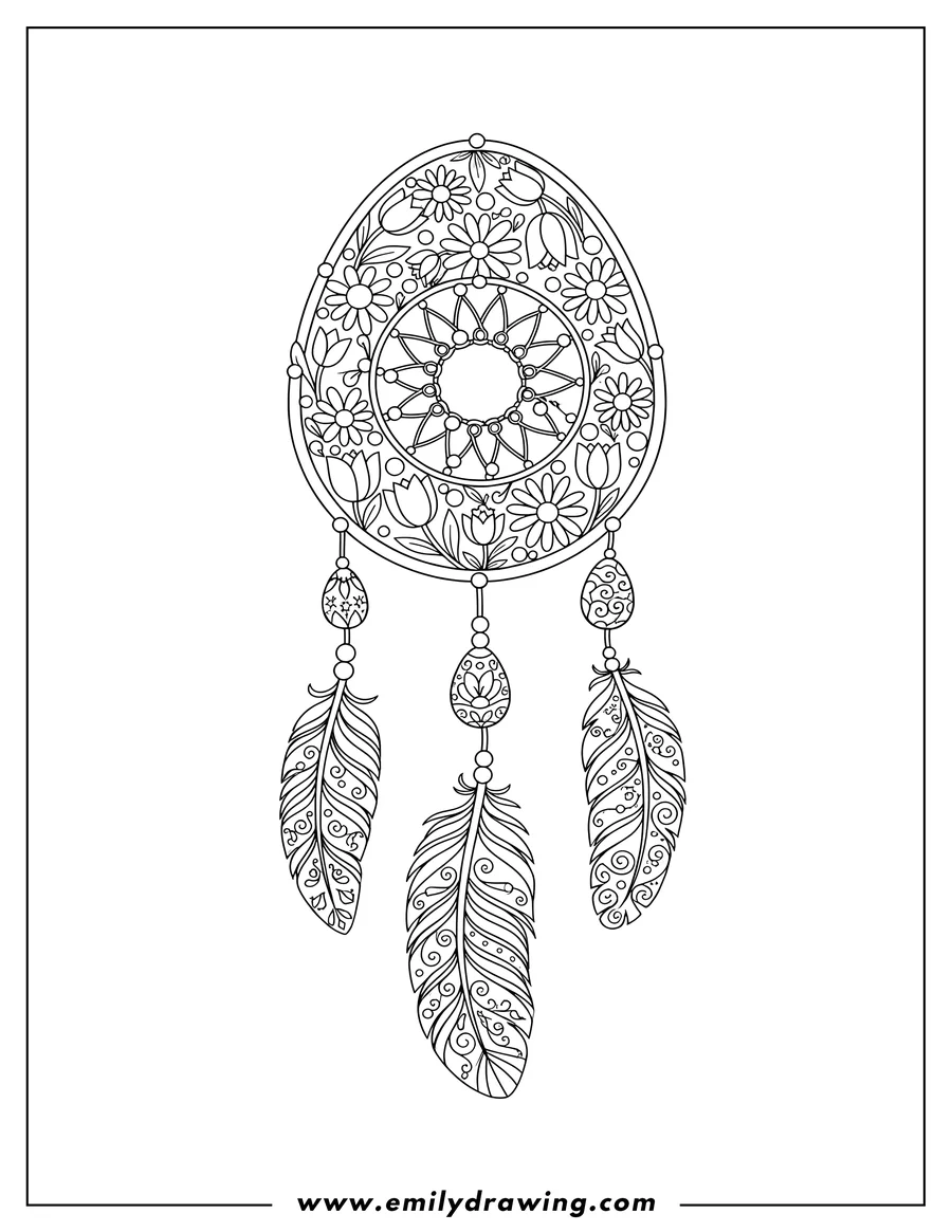 Coloring page for kids: floral Easter Egg Dreamcatcher with hanging feathers