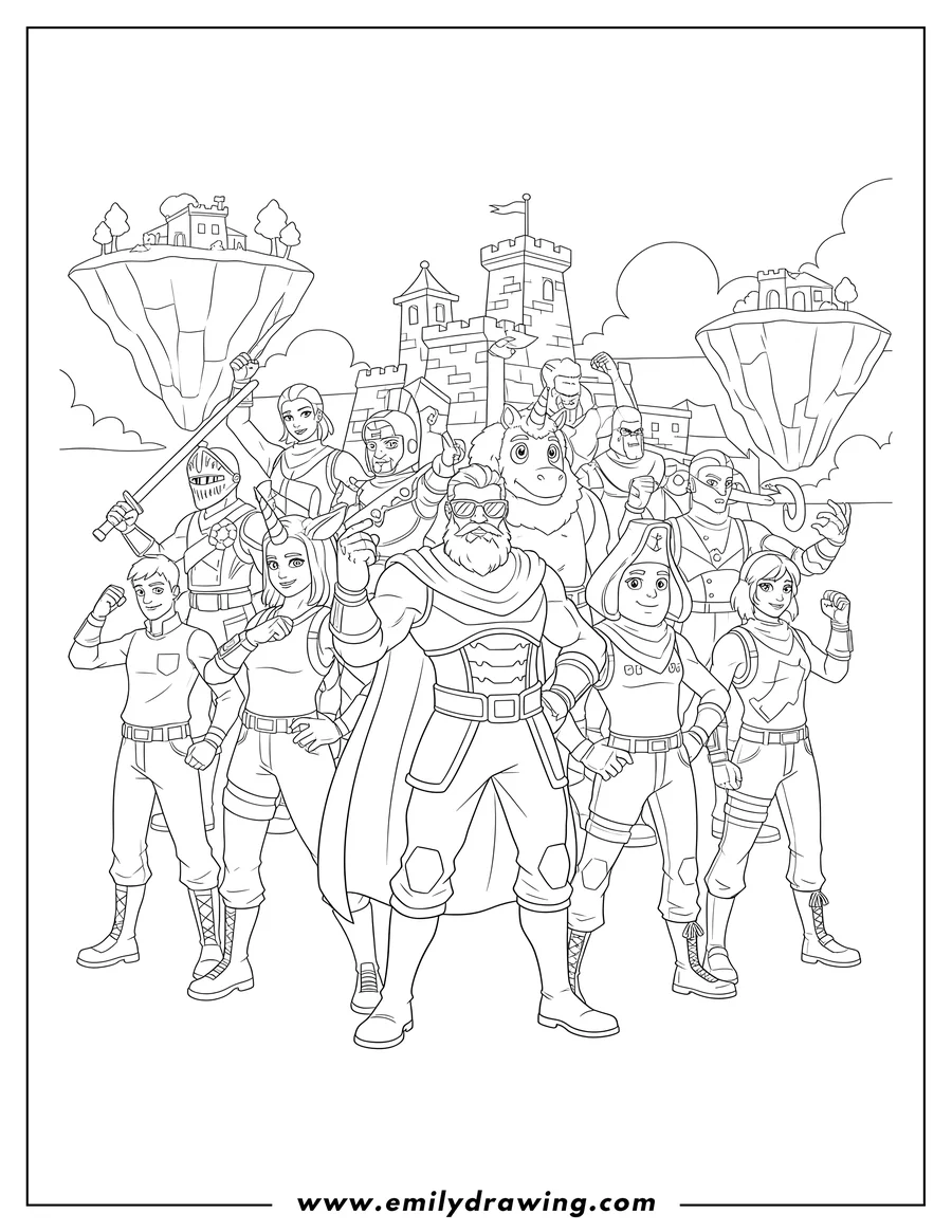 Downloadable coloring page of fortnite Video Games, a large group of diverse characters posing together, with a prominent figure in sunglasses and a beard