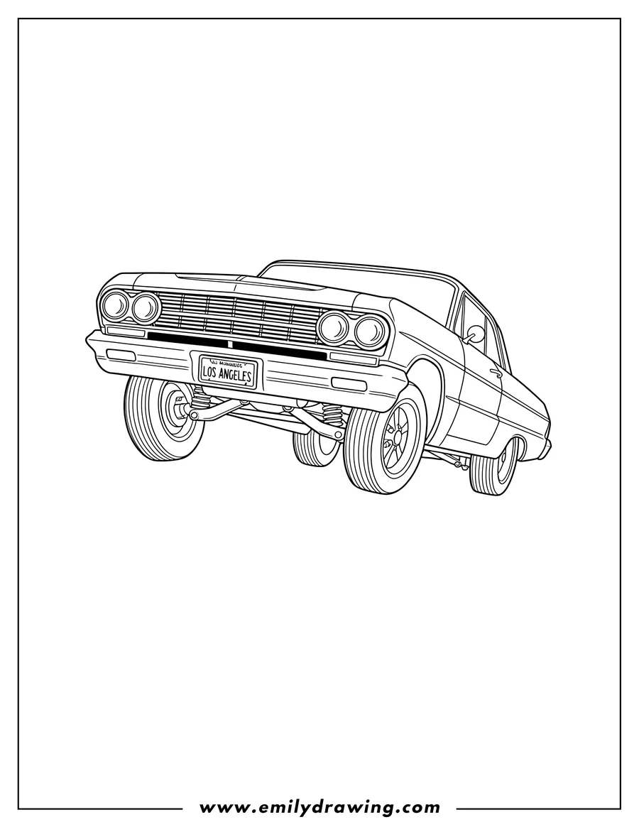 High quality printable front View Lowrider Hopping on three wheels with a 'LOS ANGELES' license plate for coloring