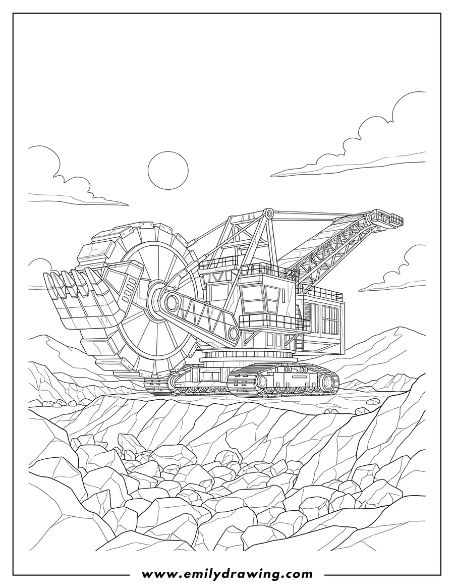 Coloring page for kids: ginormous Bucket Wheel Excavator on rocky ground to color