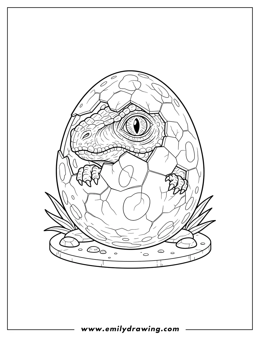 Full page coloring image of hatching Dinosaur Egg with Cracks and a Scaly Eye