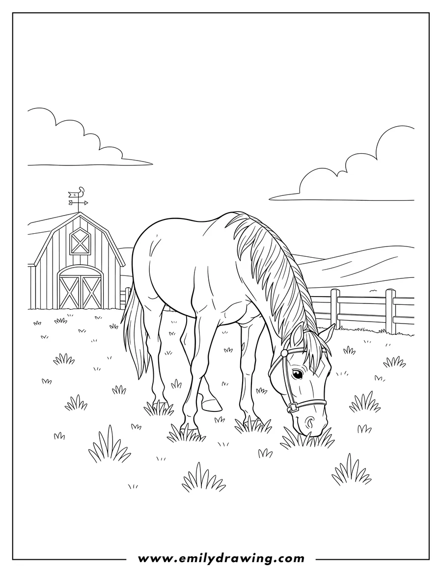 High quality printable horse Grazing On Farm with a bridle for coloring