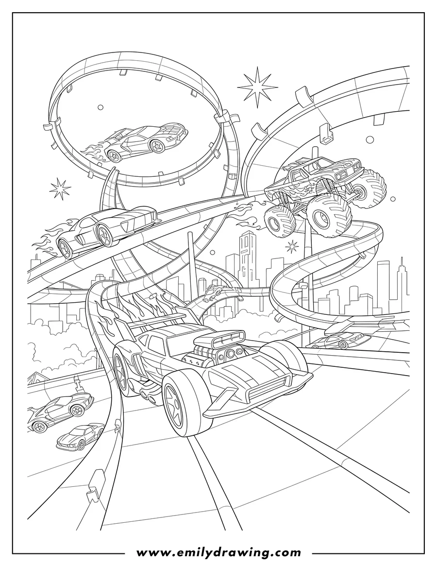 Simple sketch of hot Wheels Cars Wild Race Tracks, racing with exhaust flames to color