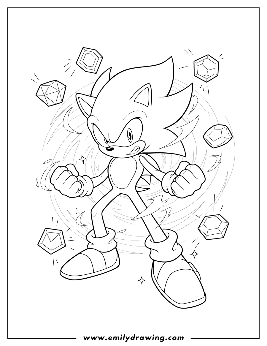 Free printable coloring sheet of hyper Sonic with clenched fists, surrounded by Chaos Emeralds