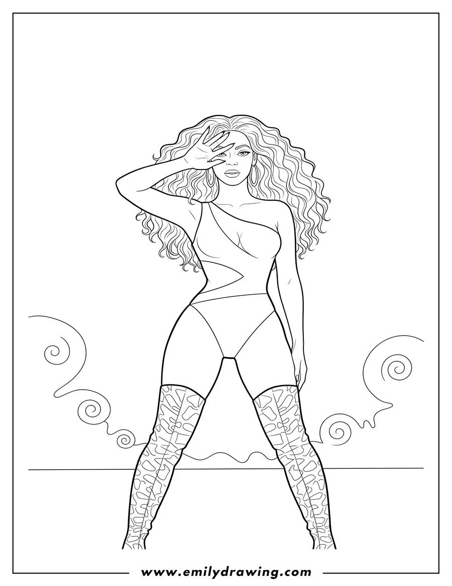 Downloadable coloring page of iconic Beyonce Pose, with one hand to her face, wearing a leotard and boots