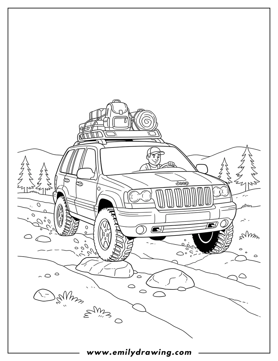 Printable line art of jeep Grand Cherokee with luggage on roof rack, driven by a man, off-roading