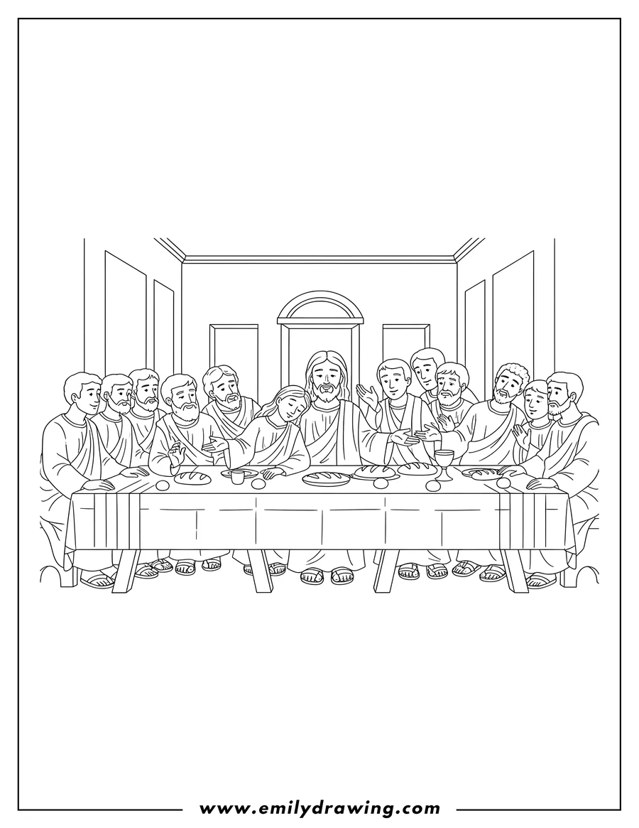 Outline drawing of jesus and disciples at the Last Supper, sitting around a table, one disciple leaning on Jesus