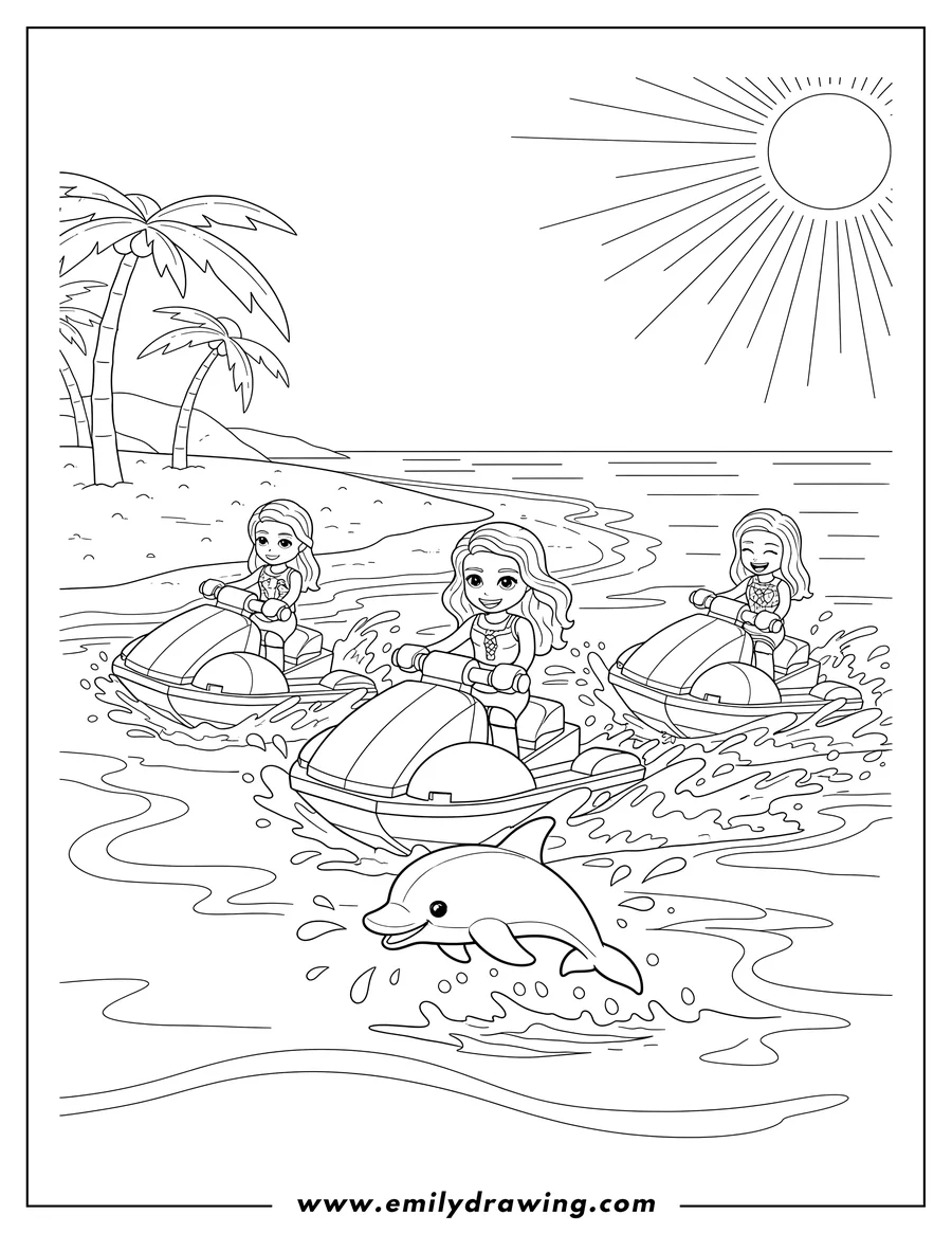 Simple sketch of lego Friends riding jet skis at the beach with a jumping dolphin to color