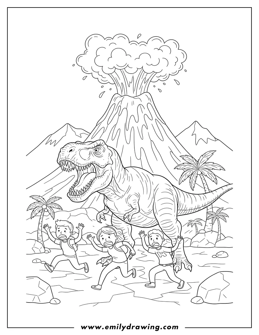 Free to print drawing of jurassic World with an erupting volcano, a roaring T-Rex, and scared people