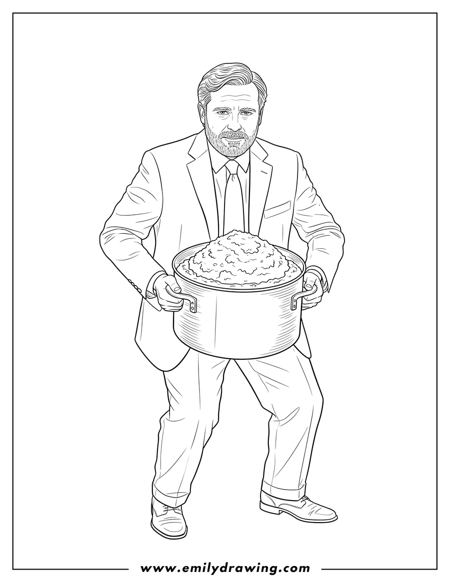 Printable line art of kevin Malone wearing a suit and tie, carrying a large cooking pot with both hands