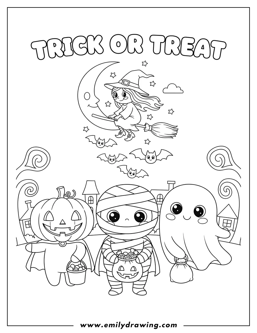 Coloring page for kids: cute Halloween Costumes of a Mummy, Pumpkin, and Ghost trick-or-treating, with a witch flying on a broom, bats, and TRICK OR TREAT text