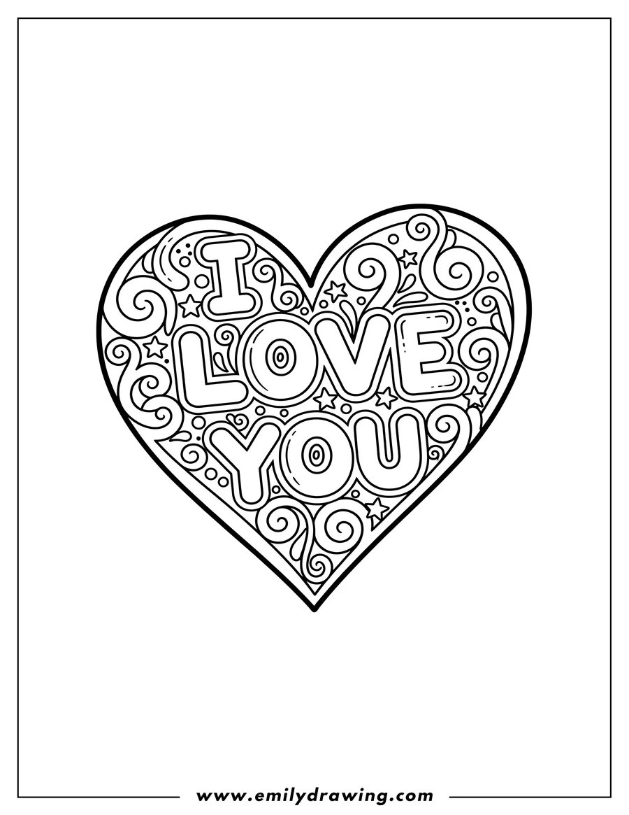 High quality printable large heart with stylized I LOVE you text for coloring