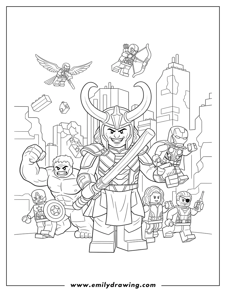 Clean line drawing: lego Avengers with Loki in horned helmet, angry Hulk, Black Widow, Nick Fury, and Hawkeye with a bow, surrounded by other heroes