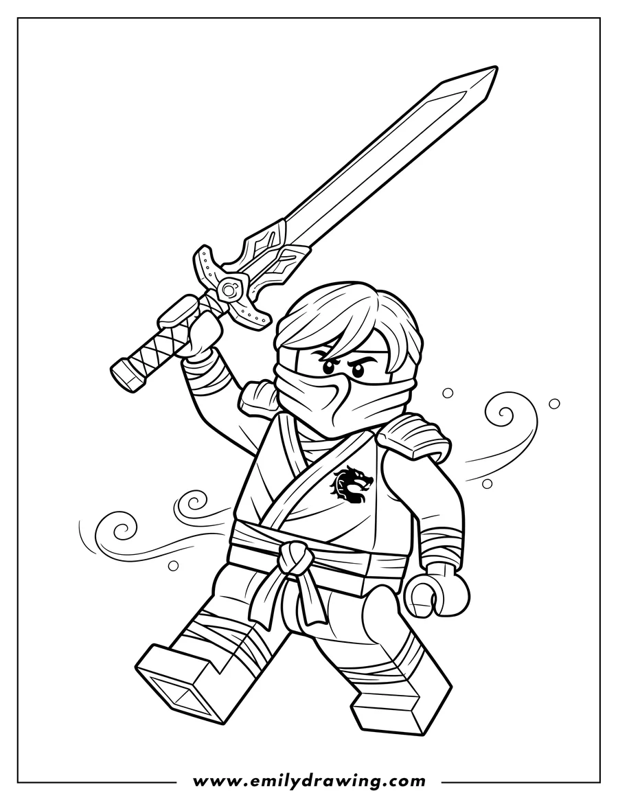 Full page coloring image of lego Ninjago Lloyd Garmadon holding a raised sword