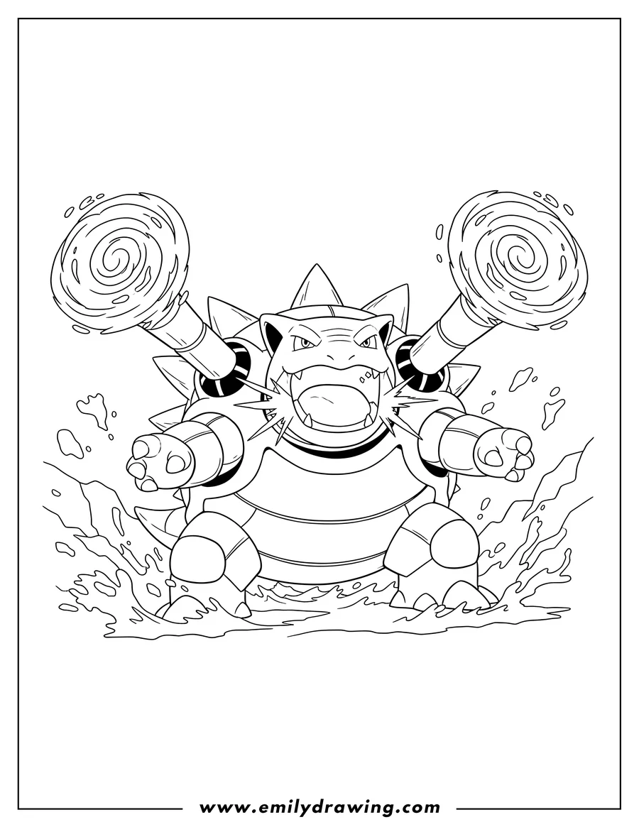 Downloadable coloring page of mega Blastoise roaring with its hydro cannons extended