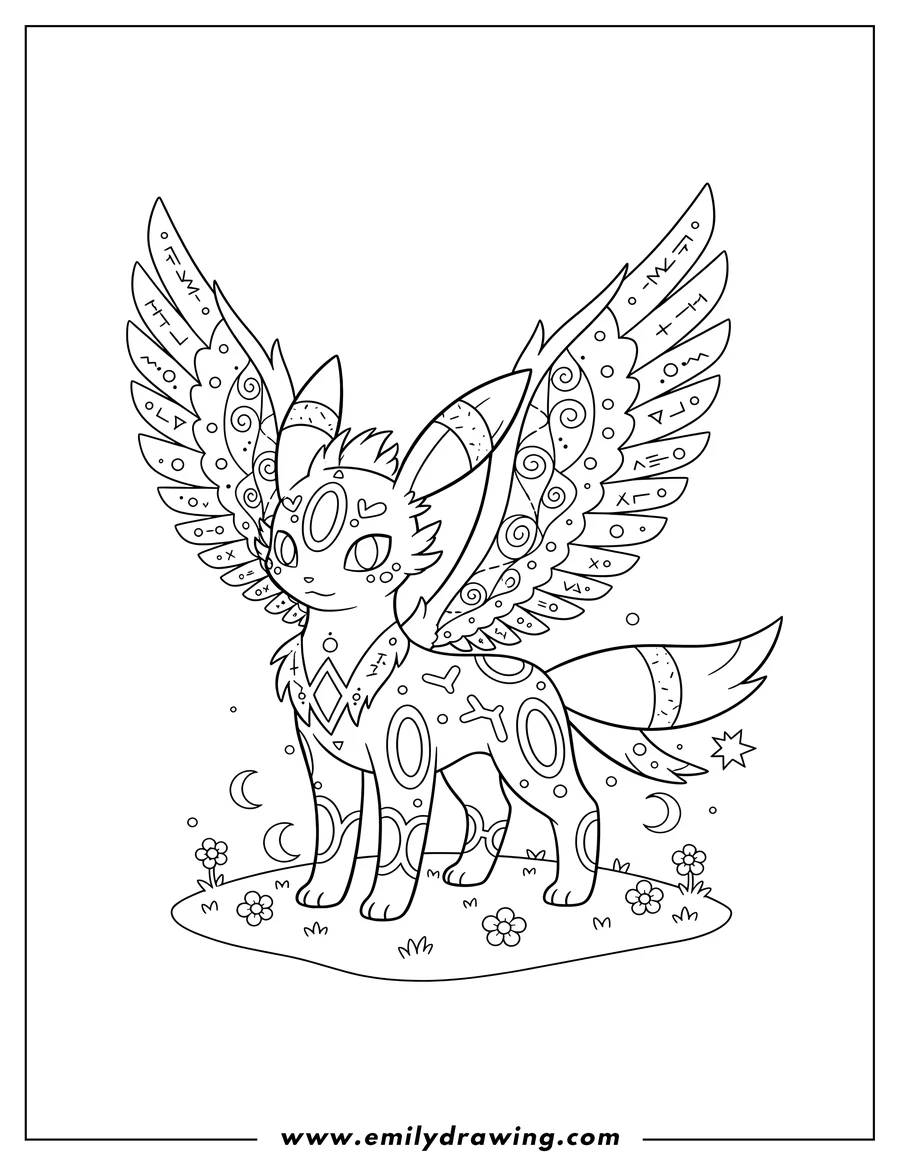 Coloring page for kids: mega Umbreon standing with elaborate wings and intricate body patterns
