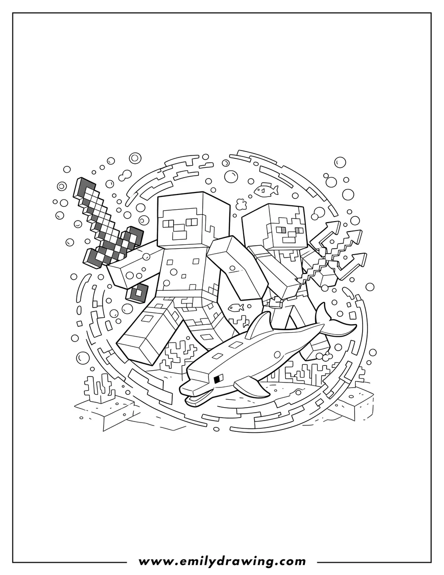 Coloring page for kids: minecraft Aquatic Theme: Steve with a sword, Alex with a trident, and a dolphin underwater