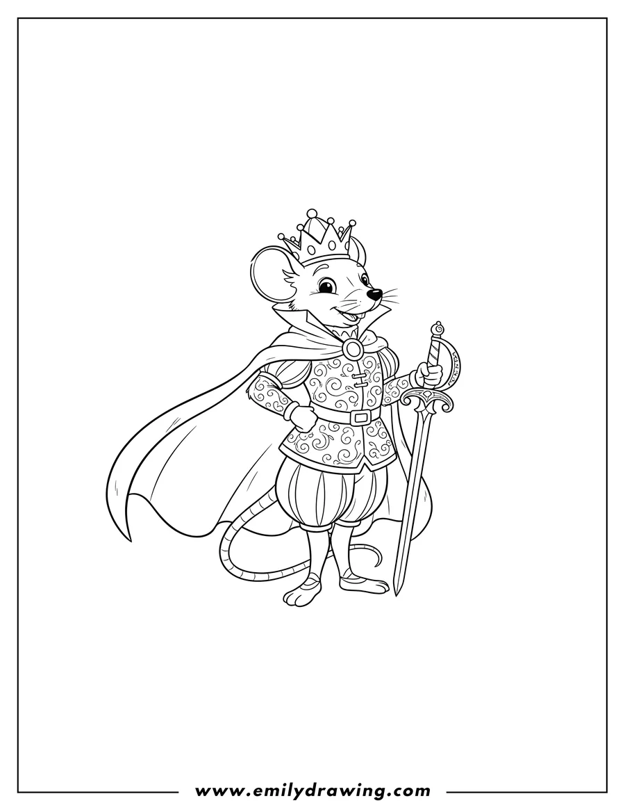 Coloring page of mouse King from Nutcracker, holding a sword and wearing a crown with a royal cape
