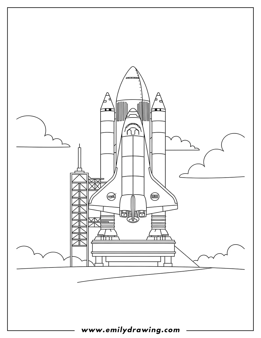 Printable coloring page of nasa Space Shuttle Discovery Scaled, full stack ready for launch
