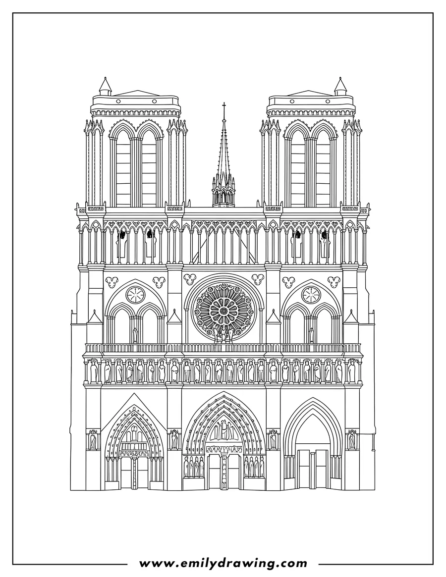 Printable coloring page of notre Dame Cathedral with two tall towers and a rose window